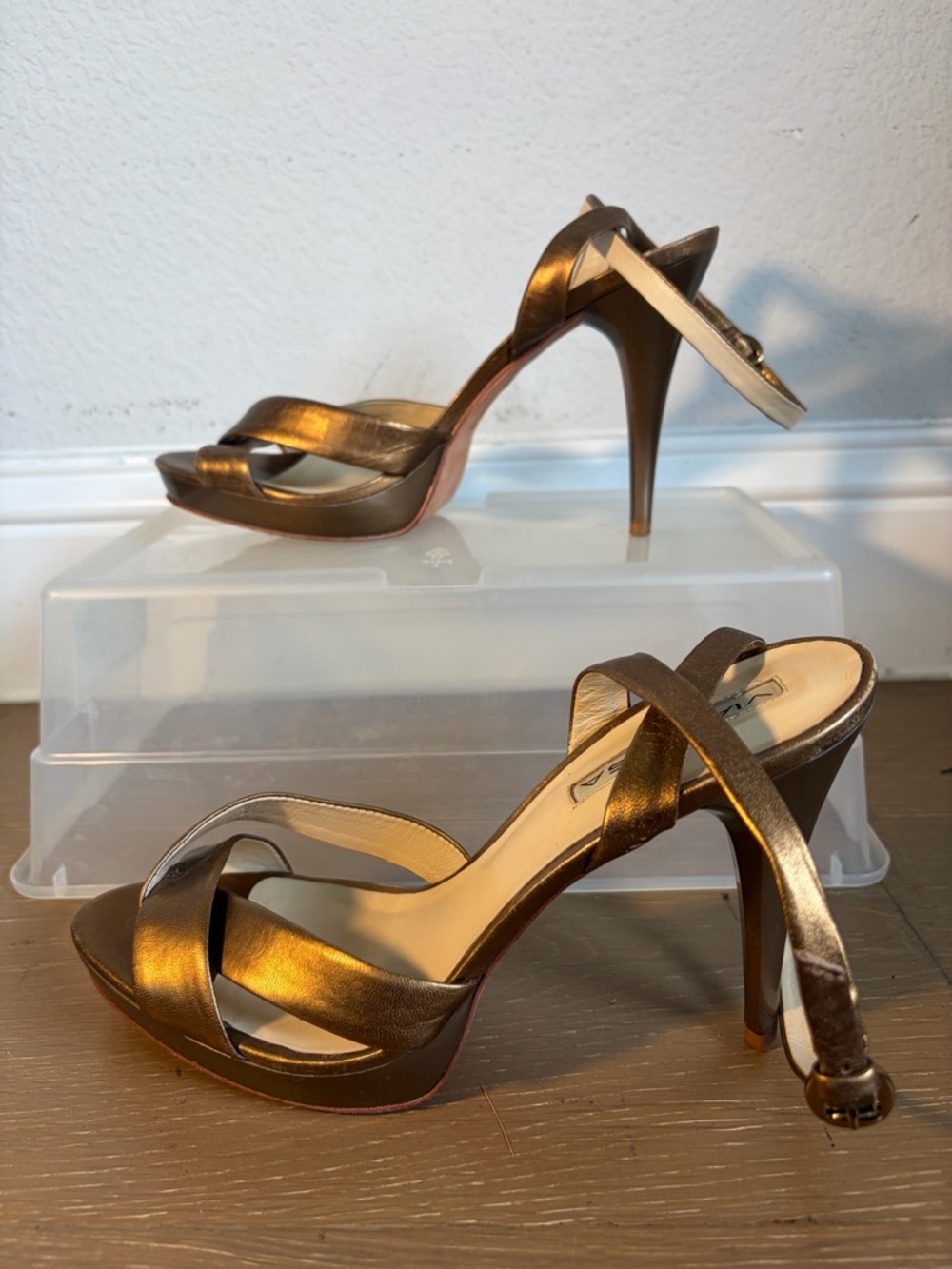 Via Spiga Metallic Bronze Crisscross High Heel Sandals